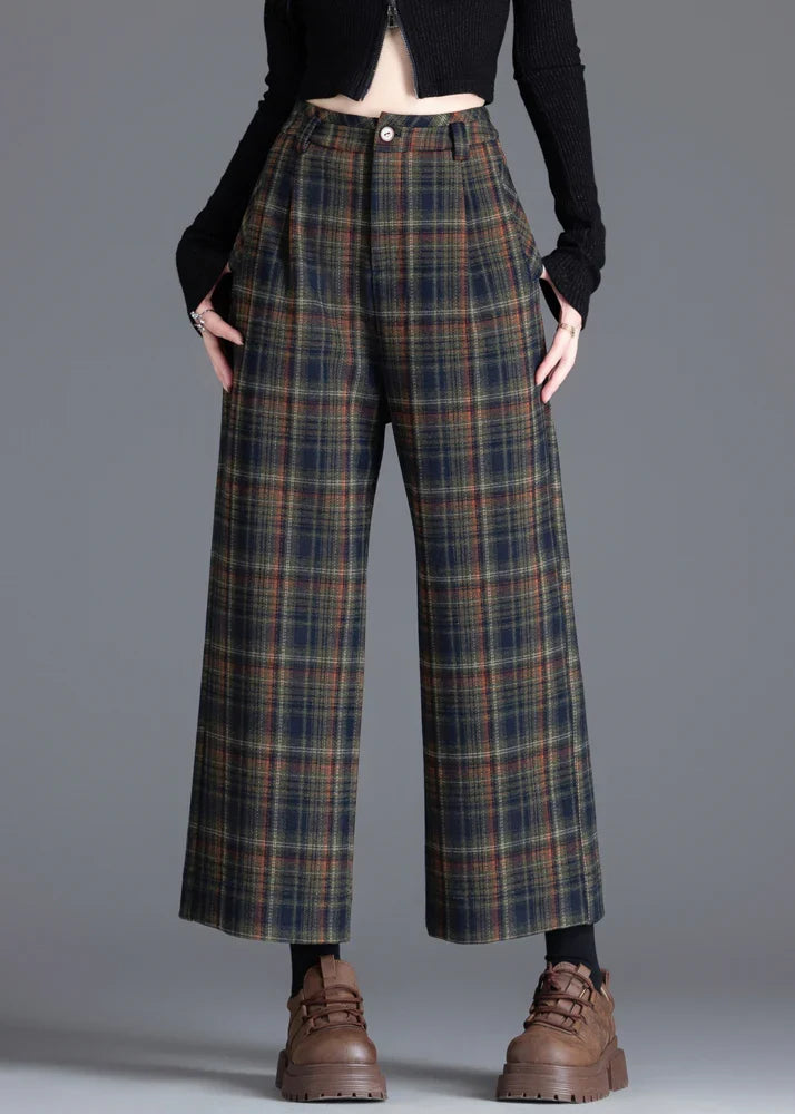 Women's Plaid Wide Leg Pants – Pleated Front, Cropped Hem side view