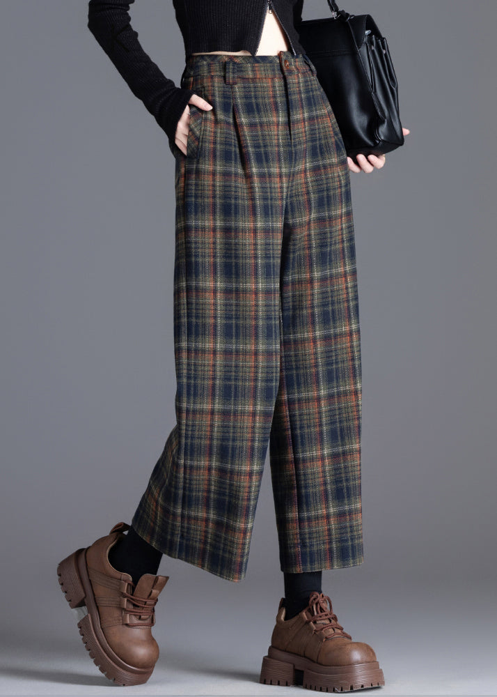 Women's Plaid Wide Leg Pants – Pleated Front, Cropped Hem waist and pleat detail