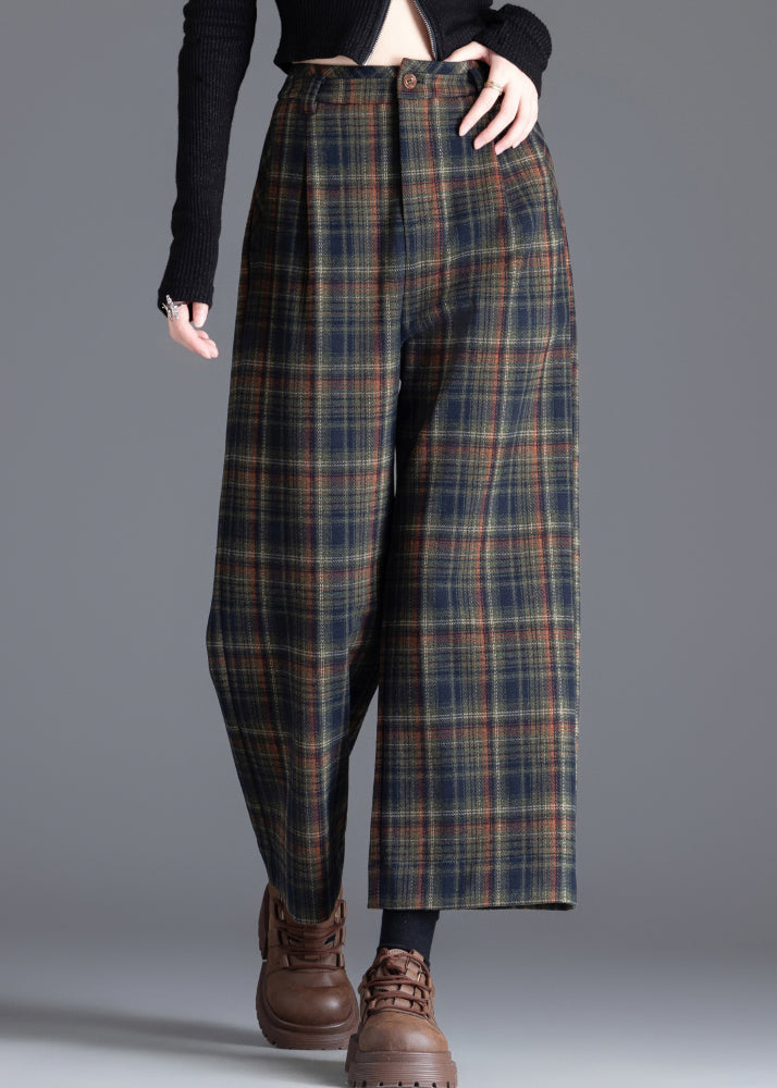 Women's Plaid Wide Leg Pants – Pleated Front, Cropped Hem full length