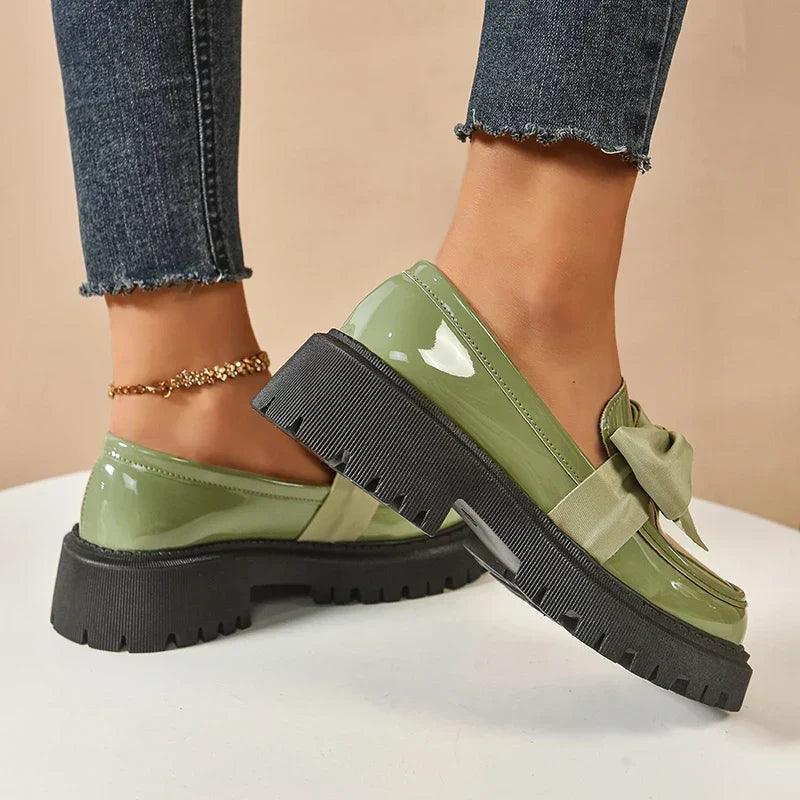 Women's Platform Loafers – Almond Toe, Chunky Bow, Slip-On