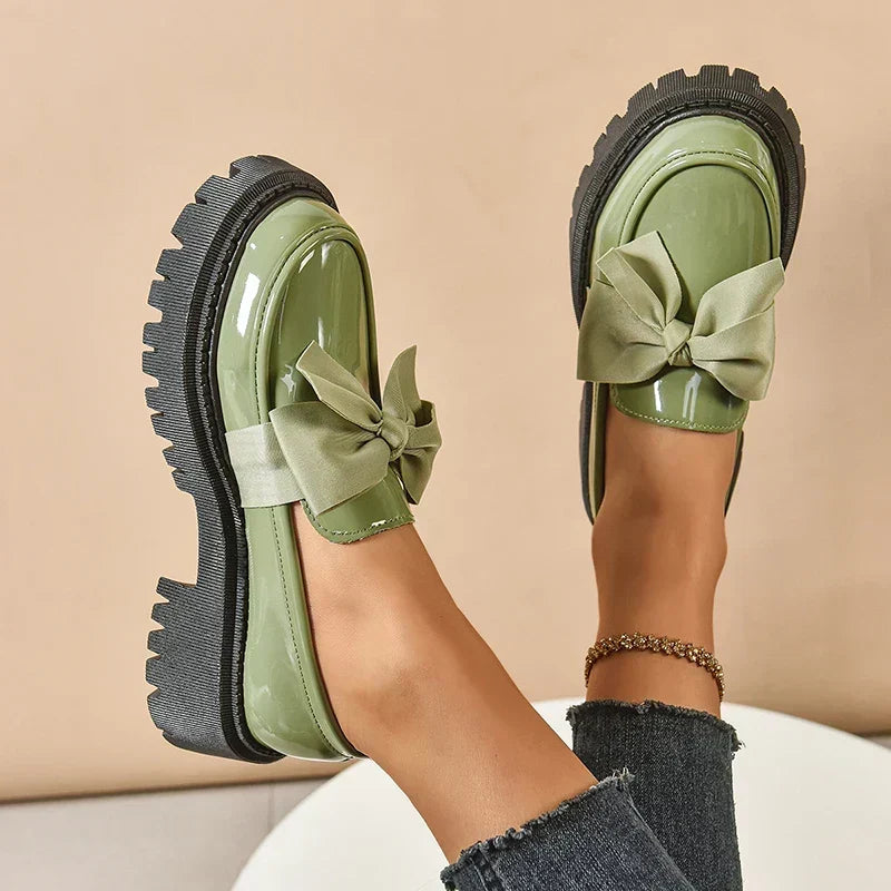 Women's Platform Loafers – Almond Toe, Chunky Bow, Slip-On