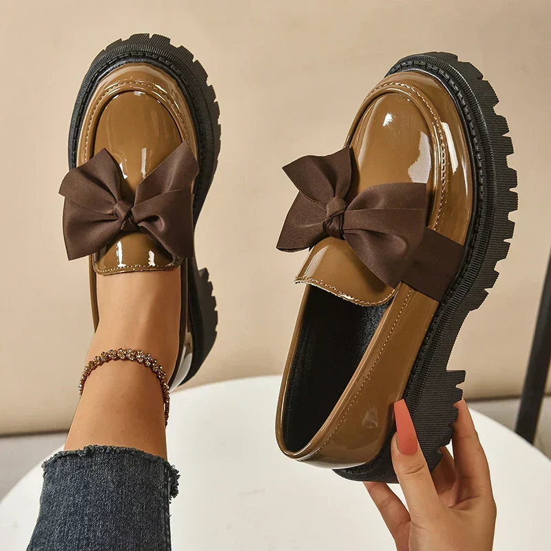 Women's Platform Loafers – Almond Toe, Chunky Bow, Slip-On