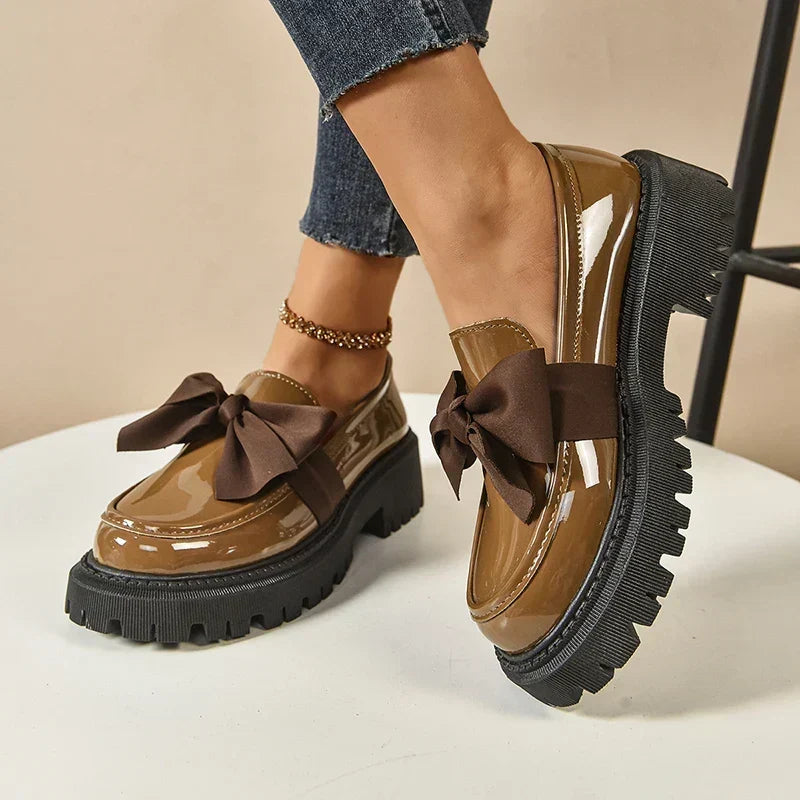 Women's Platform Loafers – Almond Toe, Chunky Bow, Slip-On