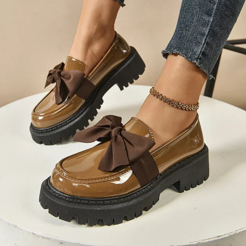 Women's Platform Loafers – Almond Toe, Chunky Bow, Slip-On