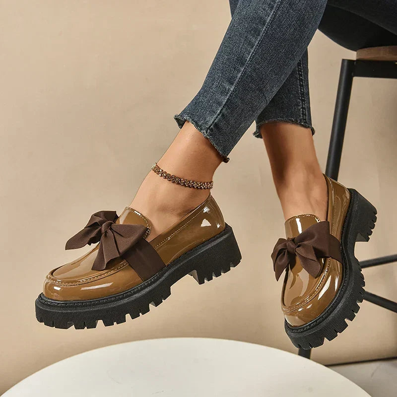 Women's Platform Loafers – Almond Toe, Chunky Bow, Slip-On
