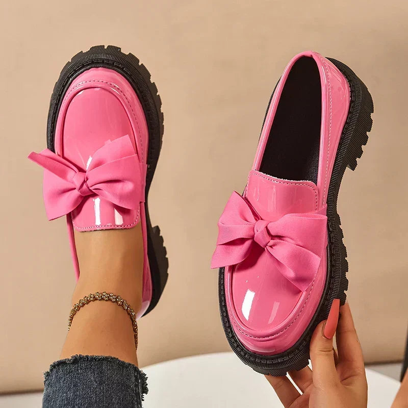 Women's Platform Loafers – Almond Toe, Chunky Bow, Slip-On