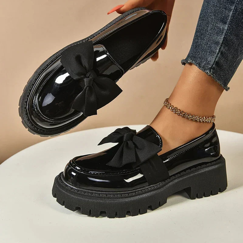 Women's Platform Loafers – Almond Toe, Chunky Bow, Slip-On