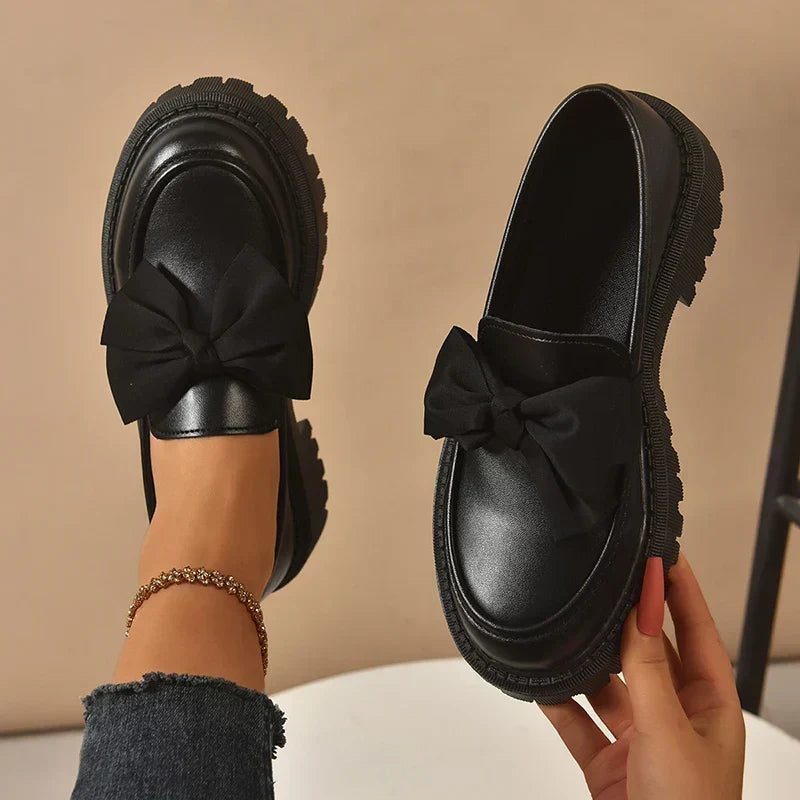 Women's Platform Loafers – Almond Toe, Chunky Bow, Slip-On