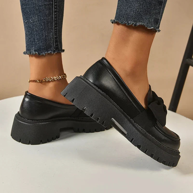 Women's Platform Loafers – Almond Toe, Chunky Bow, Slip-On