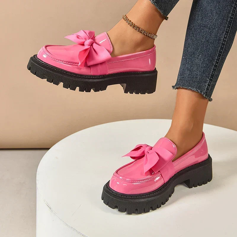 Women's Platform Loafers – Almond Toe, Chunky Bow, Slip-On