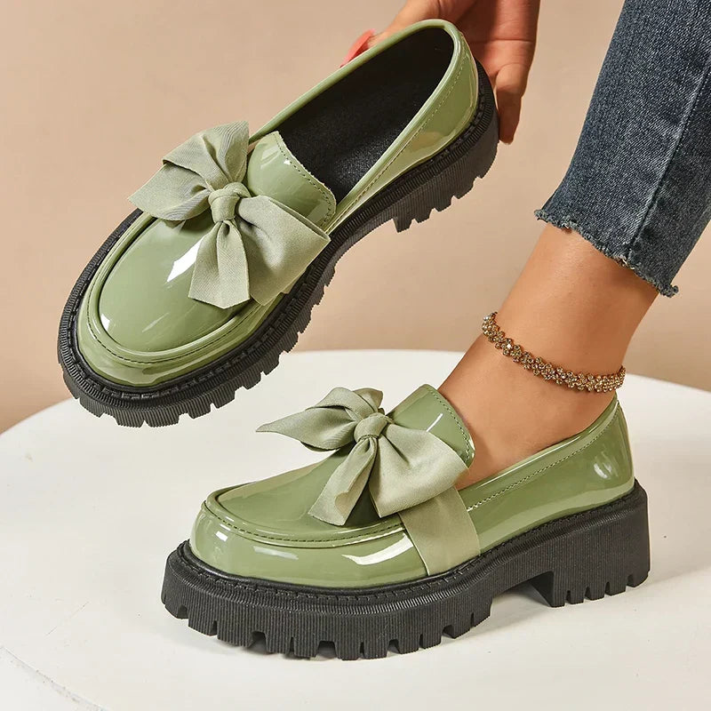 Women's Platform Loafers – Almond Toe, Chunky Bow, Slip-On