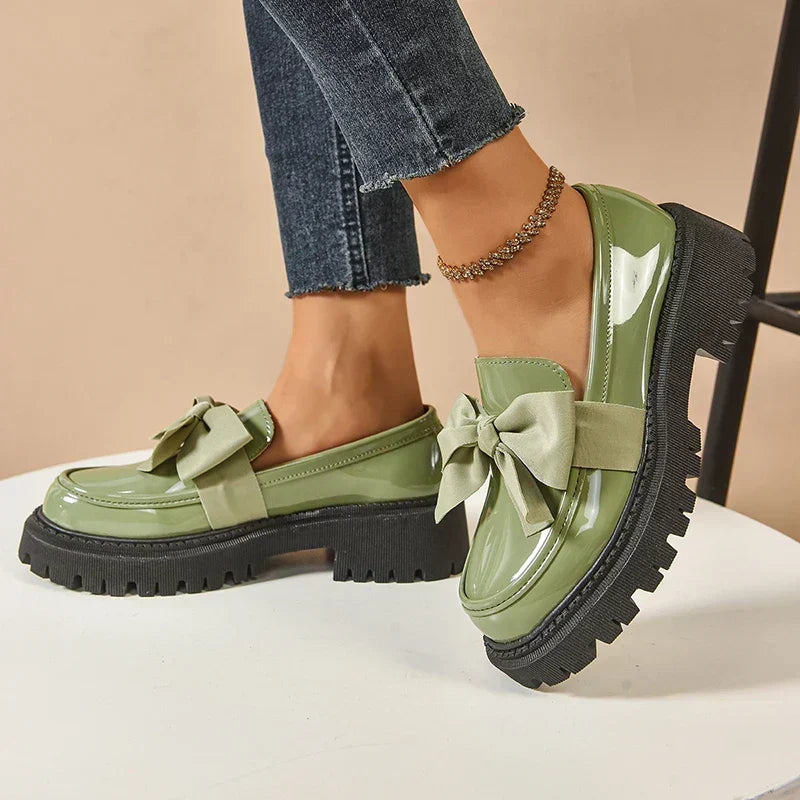 Women's Platform Loafers – Almond Toe, Chunky Bow, Slip-On