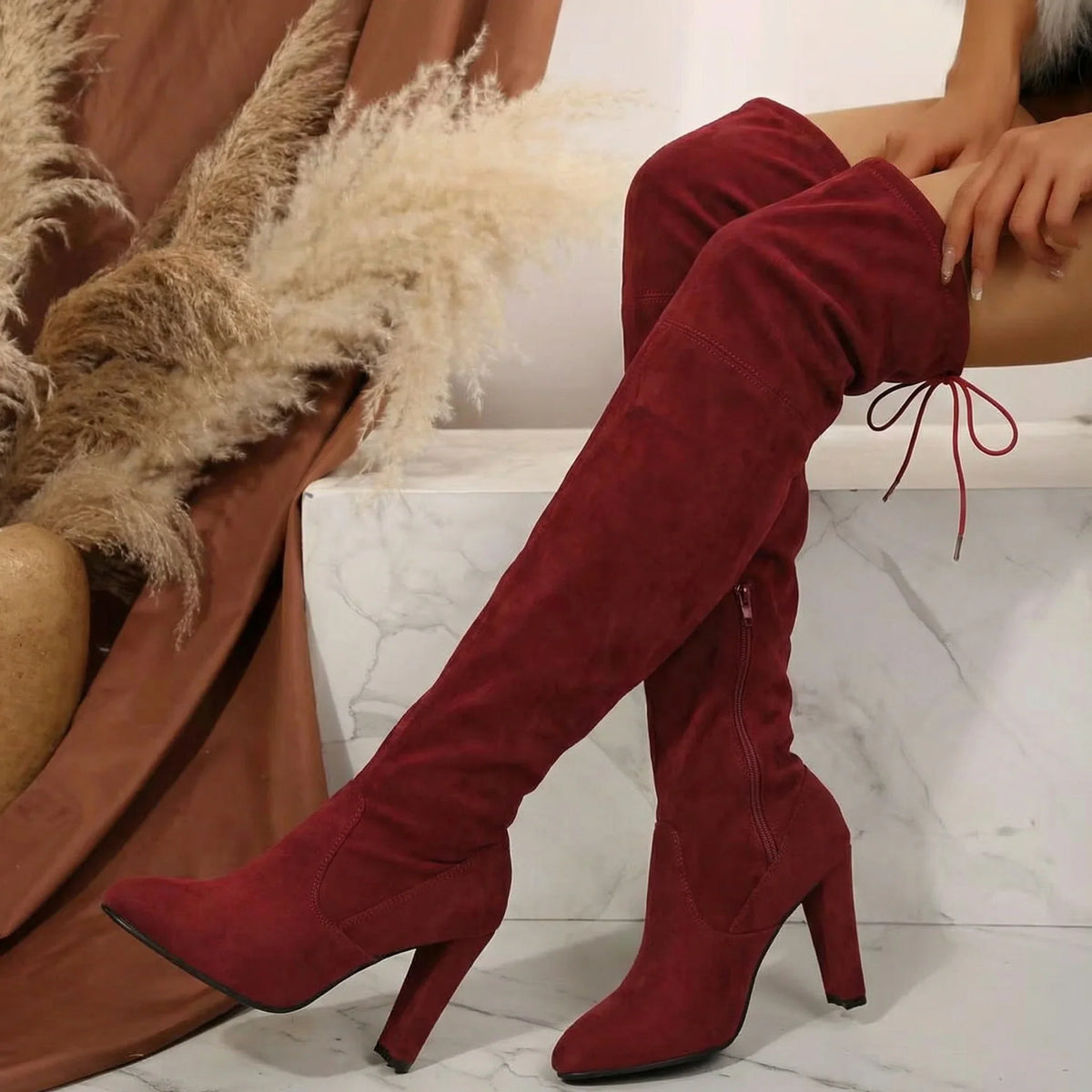 Women's Pointed Toe High Knee Boots – Block Heel, Back Lace-Up