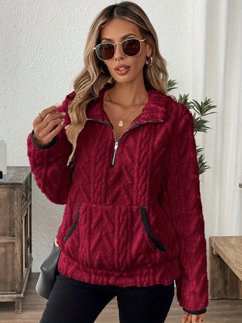 Women's Quarter-Zip Fleece Sweater – Cable Textured, Stand Collar