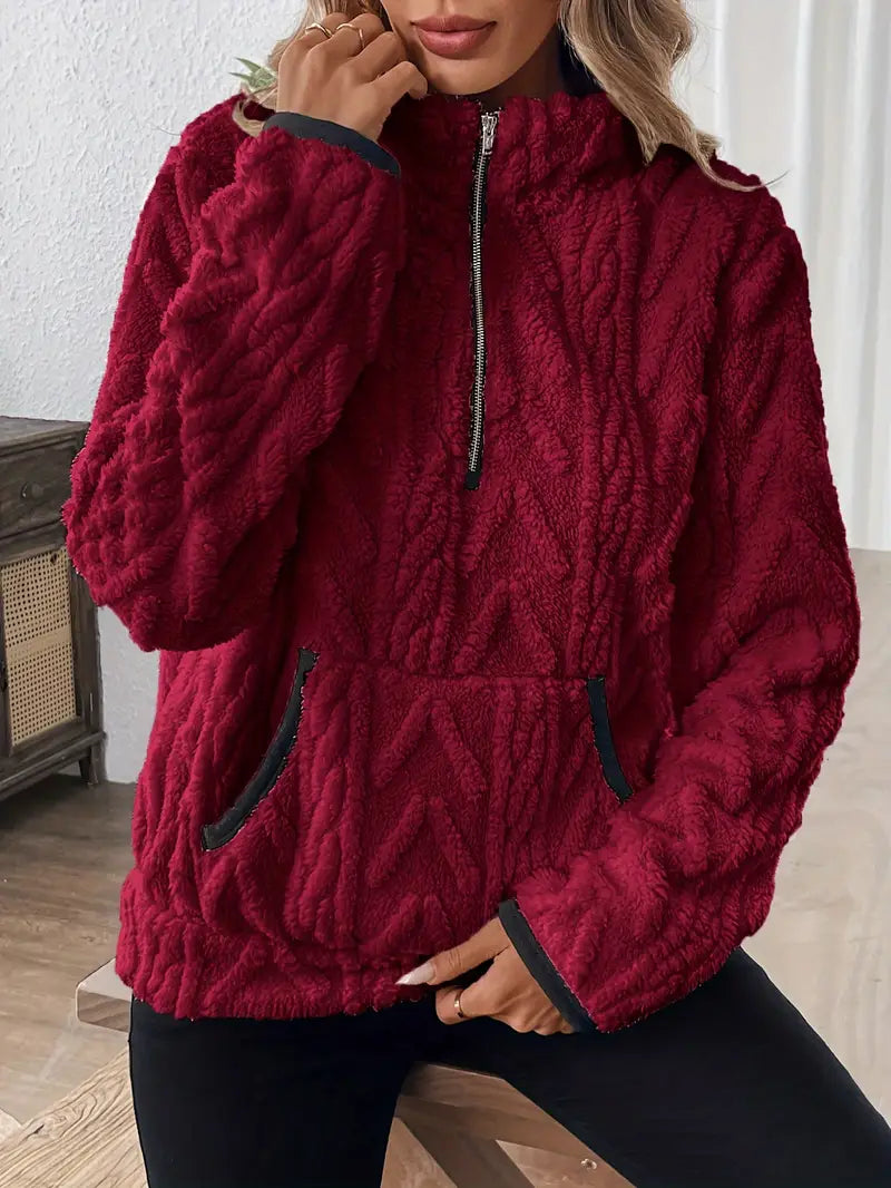 Women's Quarter-Zip Fleece Sweater – Cable Textured, Stand Collar