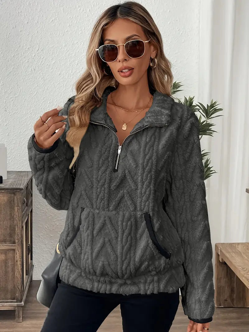 Women's Quarter-Zip Fleece Sweater – Cable Textured, Stand Collar