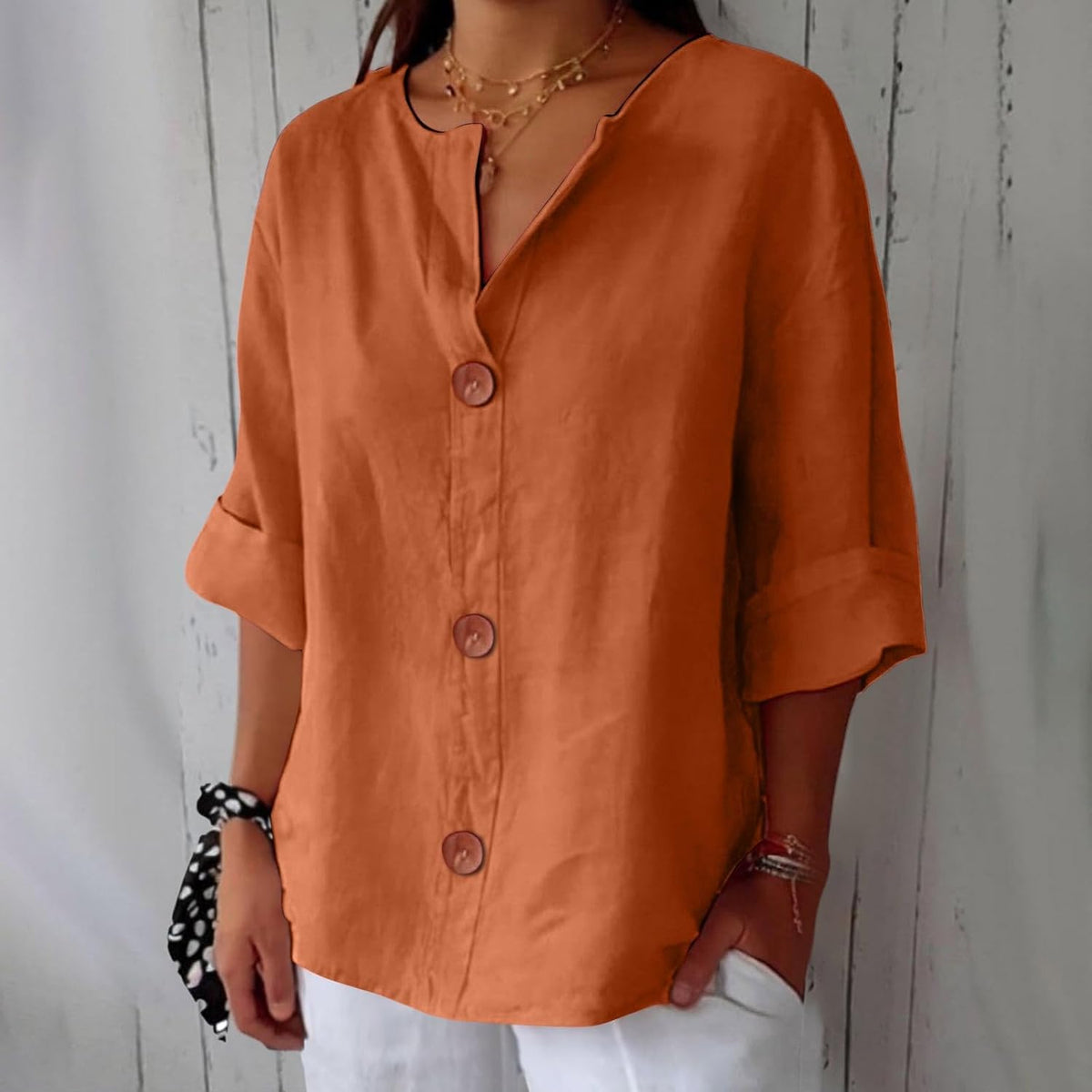 Women's relaxed blouse with V-neck front view