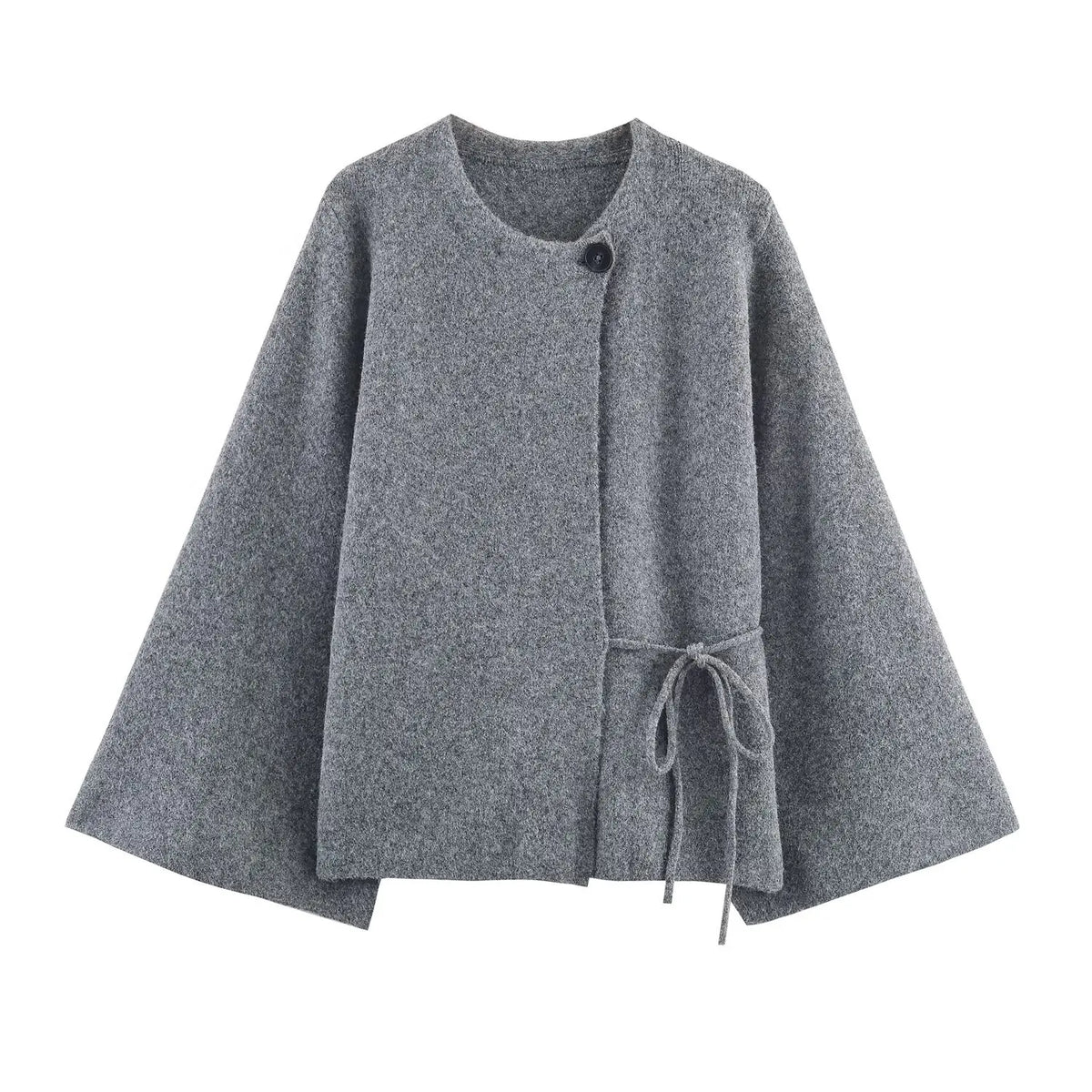 Women’s Round-Neck Knit Jumper with Asymmetric Button Closure and Side Tie
