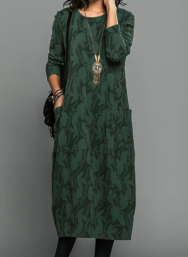 Women's Round Neck Midi Winter Dress – Cocoon Fit, Side Pockets front view