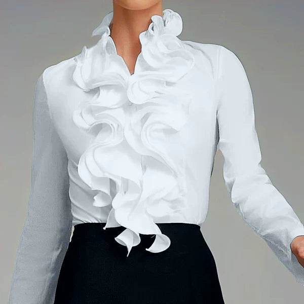 Women's ruffle collar blouse with cascading front placket ruffle