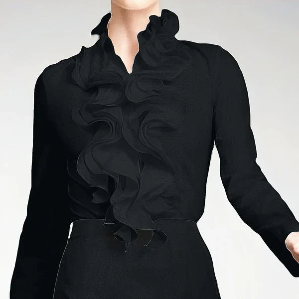 Front view of ruffle collar blouse showing button closure