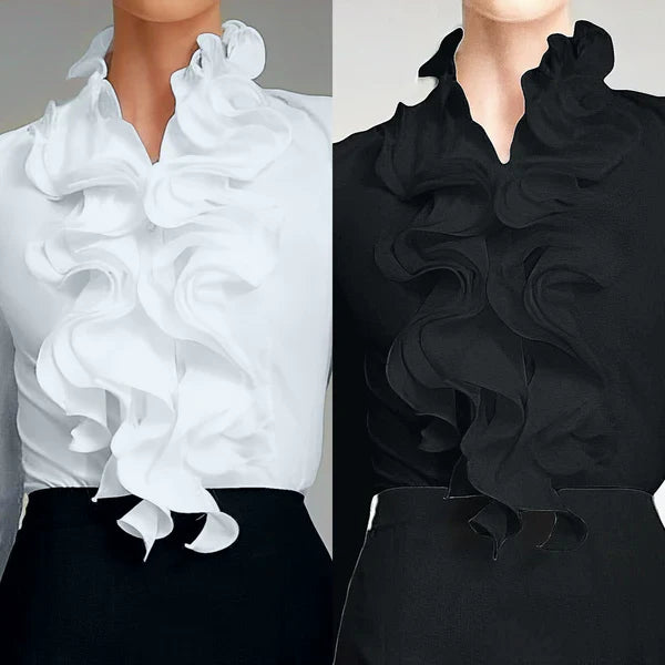 Long sleeve ruffle collar blouse with buttoned cuffs