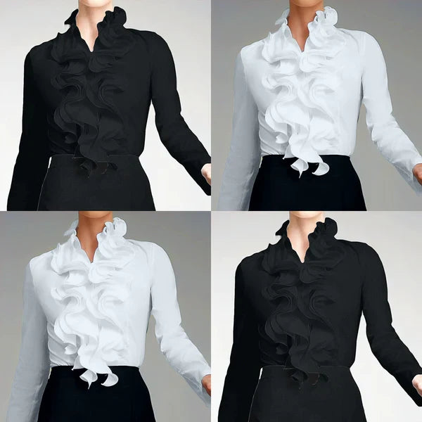 Close-up of high ruffled collar detail on the blouse