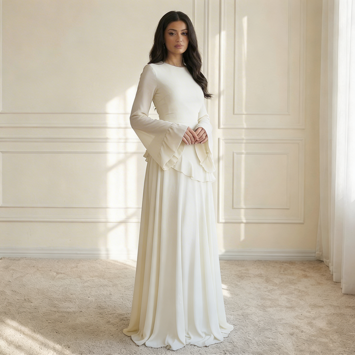 Women's Ruffle Maxi Dress – Flared Sleeves, Floor-Sweeping Hem front view