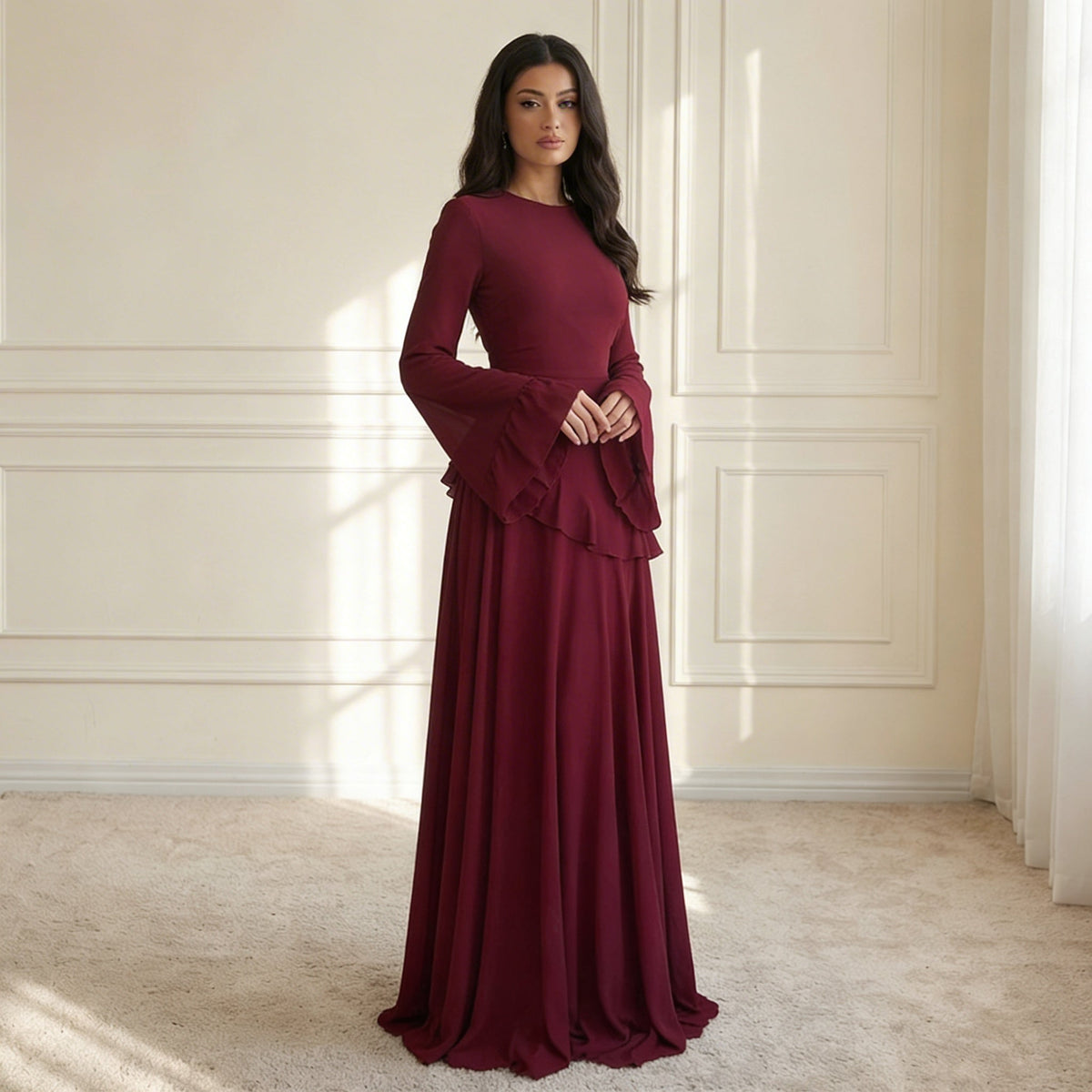 Women's Ruffle Maxi Dress – Flared Sleeves, Floor-Sweeping Hem side view
