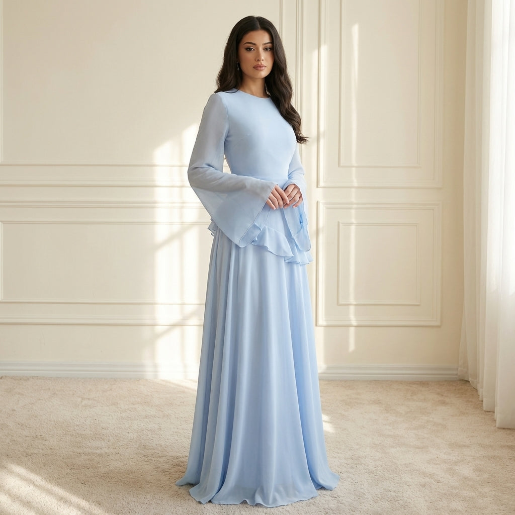 Women's Ruffle Maxi Dress – Flared Sleeves, Floor-Sweeping Hem back view