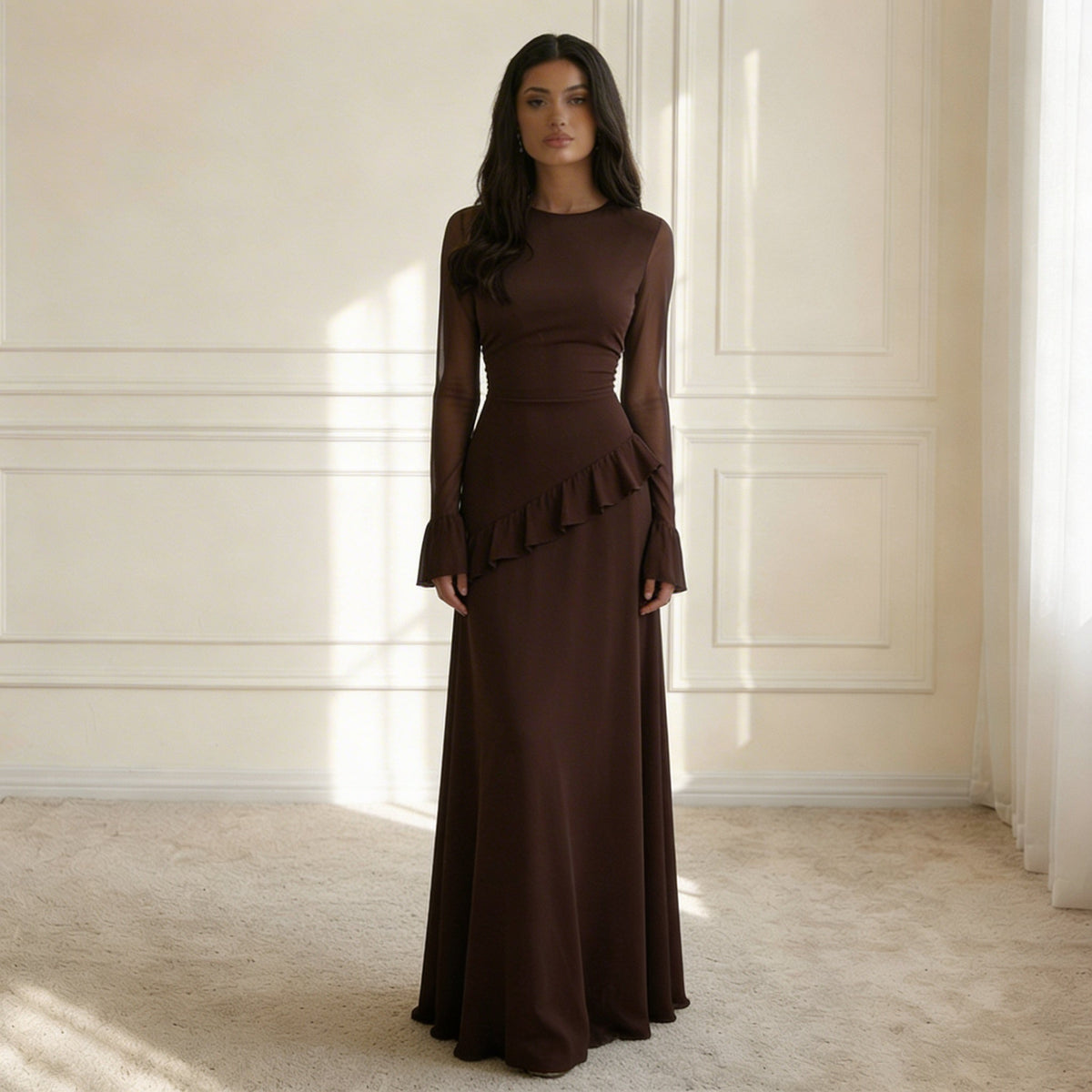 Women's Ruffle Maxi Dress – Flared Sleeves, Floor-Sweeping Hem ruffle detail