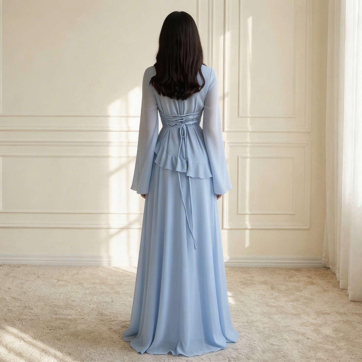 Women's Ruffle Maxi Dress – Flared Sleeves, Floor-Sweeping Hem hem detail