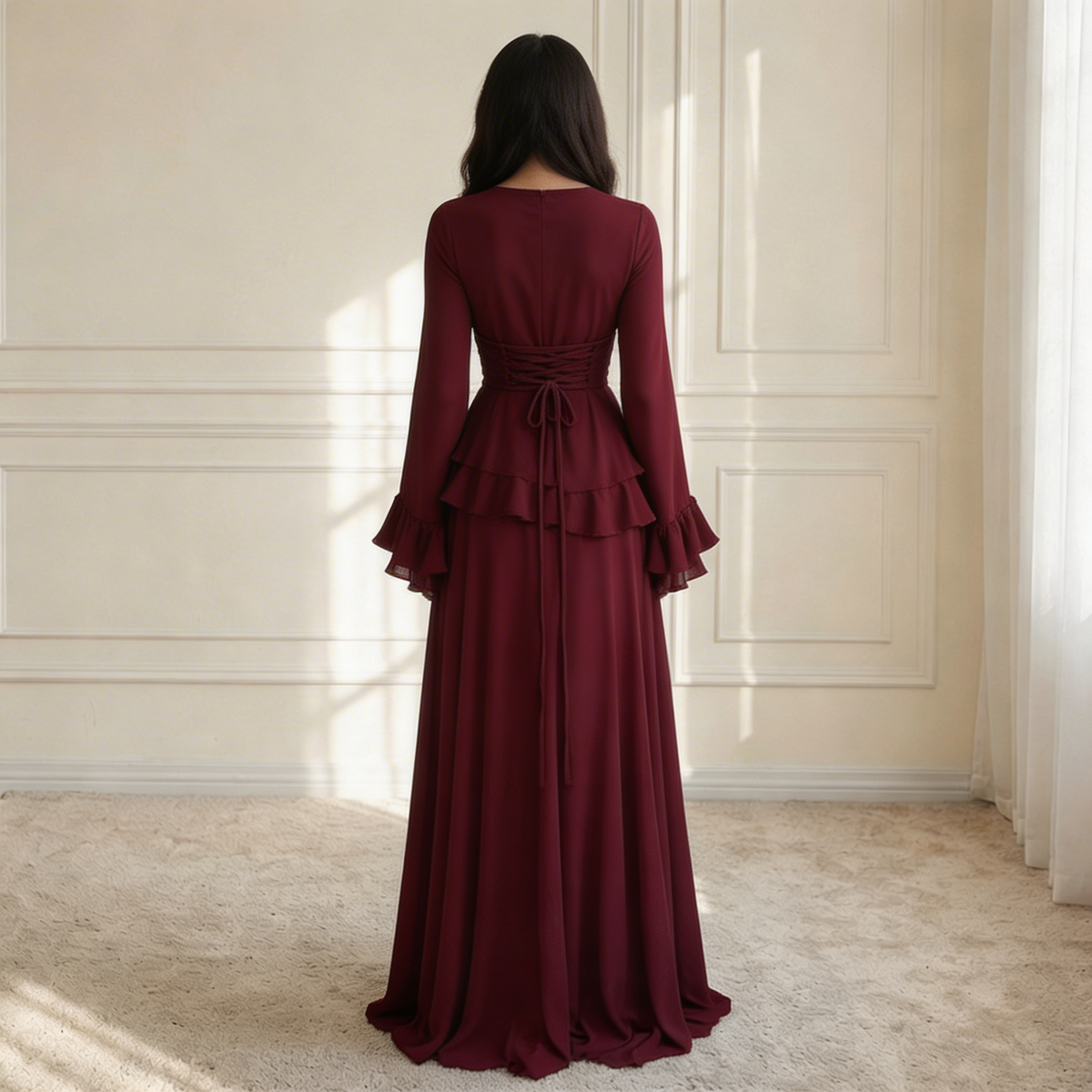 Women's Ruffle Maxi Dress – Flared Sleeves, Floor-Sweeping Hem movement view