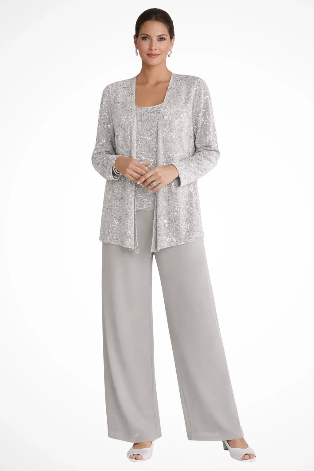 Women's Sequin Lace 3 piece suit set – Wide Leg Trousers, Long Sleeve Jacket front view