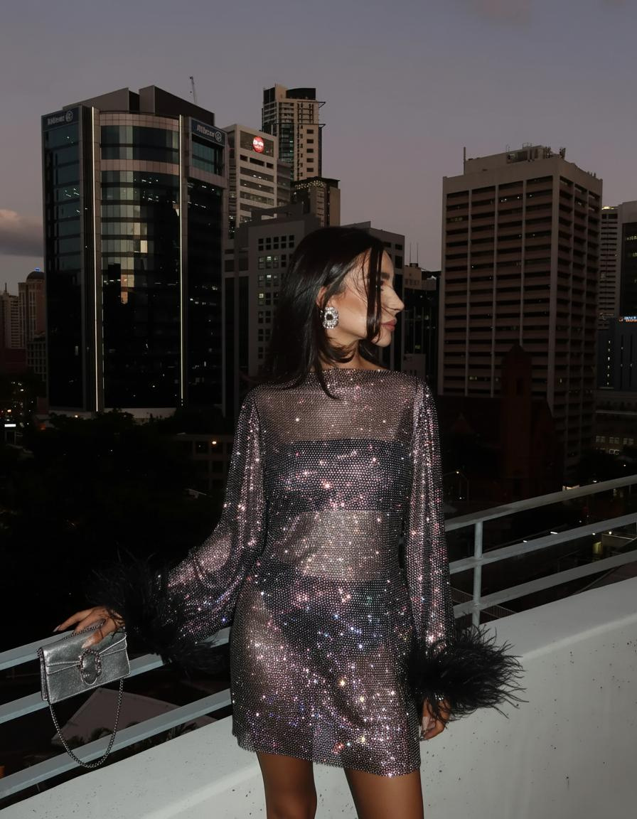 Women's Sequin Mini Dress Long Sleeve Feather Cuff – High Neck, Straight Hem
