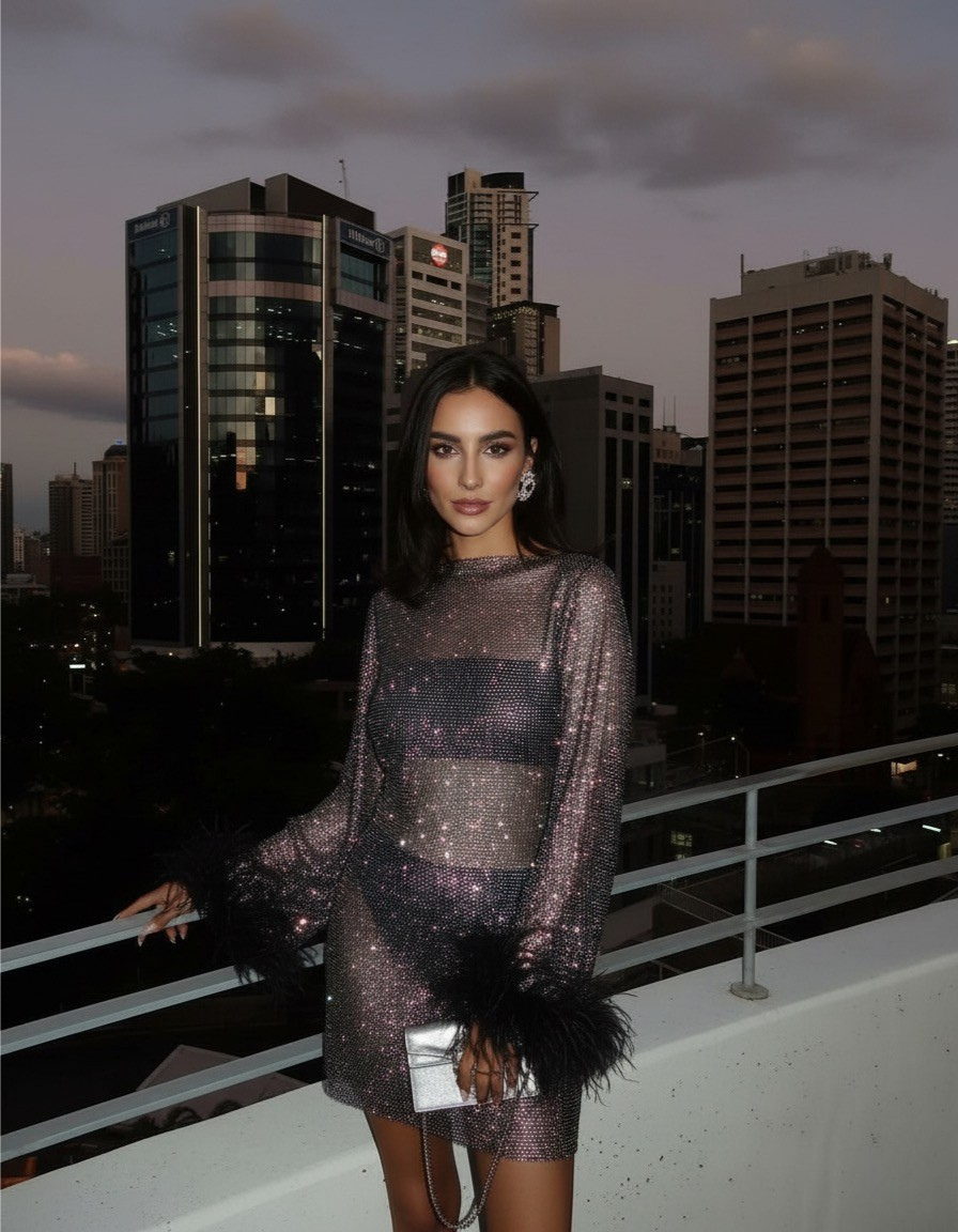 Women's Sequin Mini Dress Long Sleeve Feather Cuff – High Neck, Straight Hem