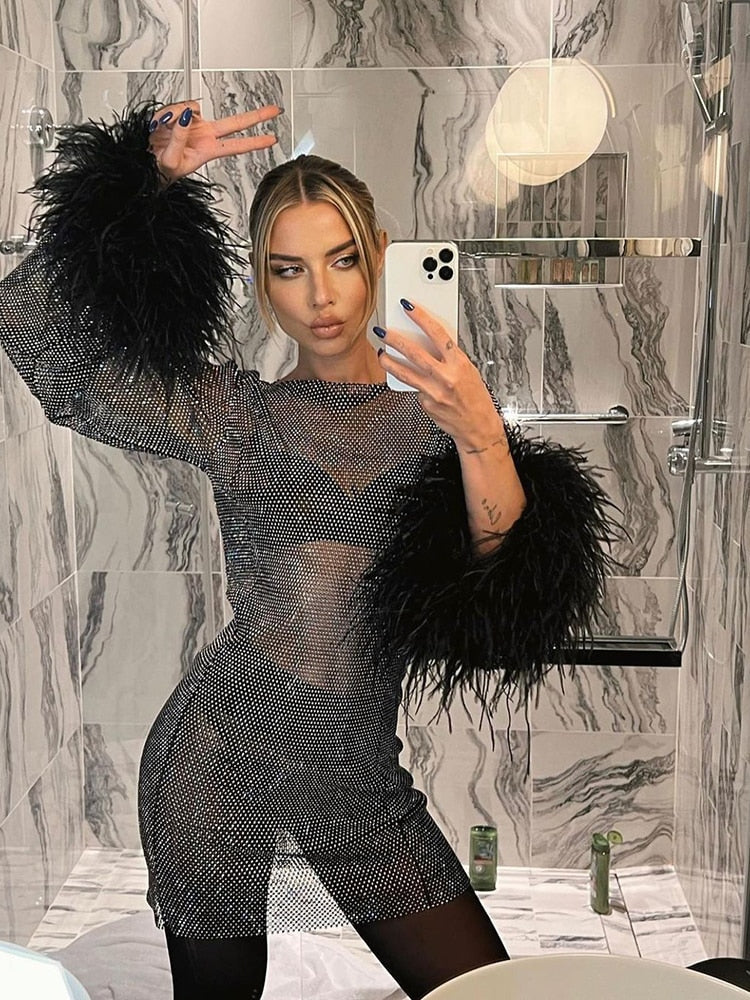 Women's Sequin Mini Dress Long Sleeve Feather Cuff – High Neck, Straight Hem
