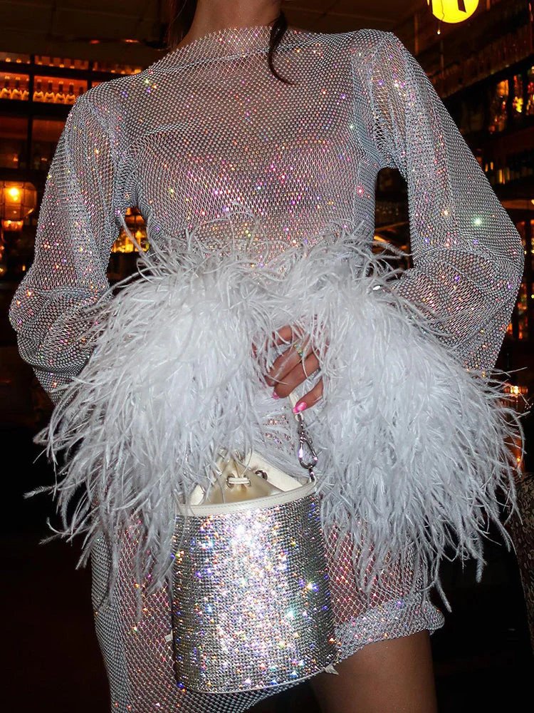 Women's Sequin Mini Dress Long Sleeve Feather Cuff – High Neck, Straight Hem