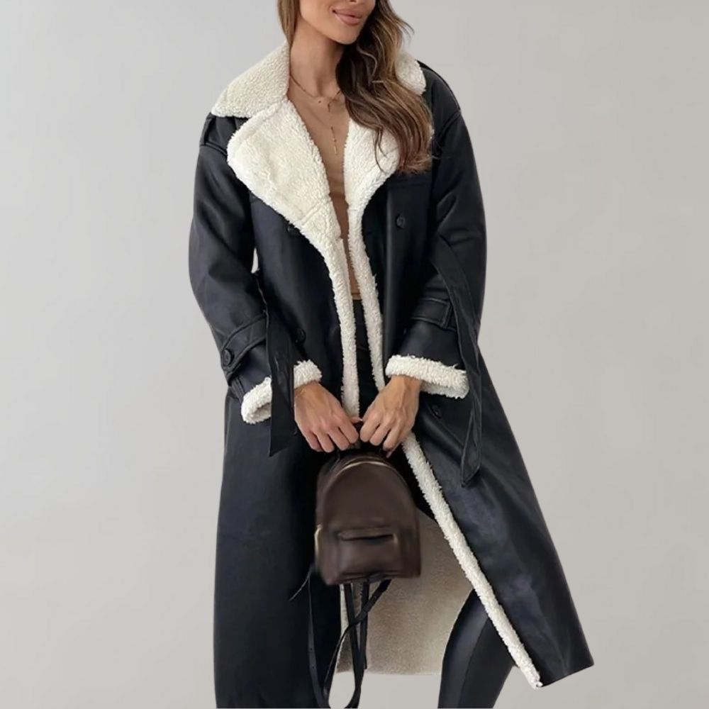 Women's Shearling-Lined Long Coat – Double-Breasted, Belted Cuffs front view