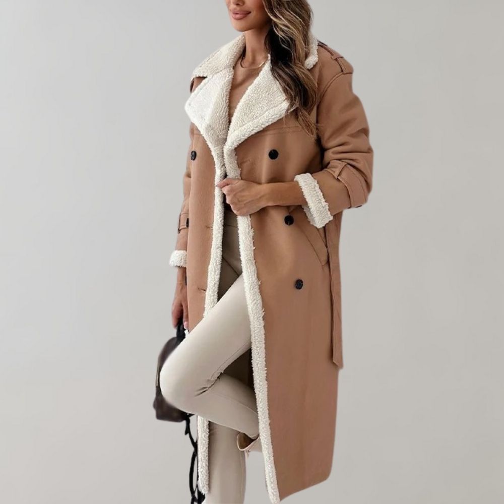 Women's Shearling-Lined Long Coat – Double-Breasted, Belted Cuffs showing lapel collar