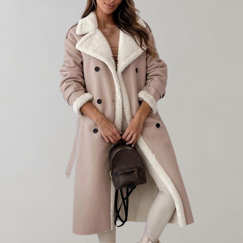 Women's Shearling-Lined Long Coat – Double-Breasted, Belted Cuffs side profile