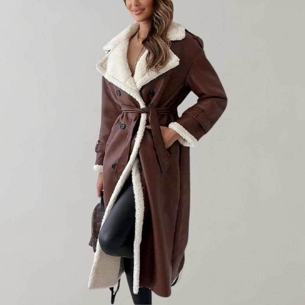 Women's Shearling-Lined Long Coat – Double-Breasted, Belted Cuffs back view