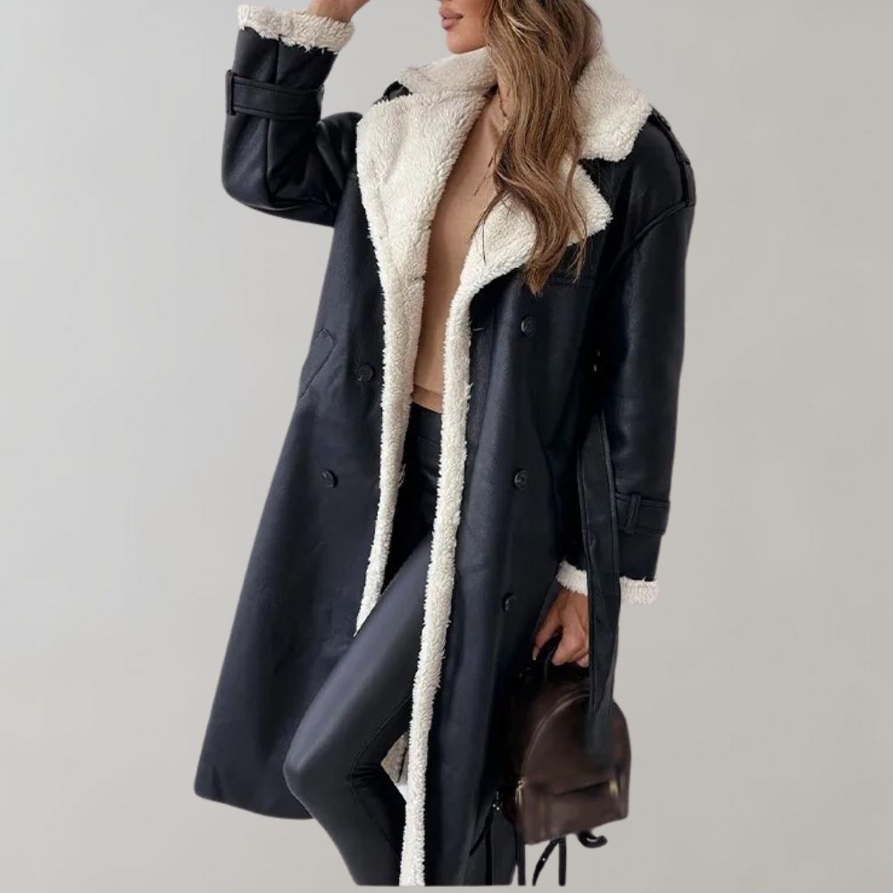 Women's Shearling-Lined Long Coat – Double-Breasted, Belted Cuffs lining detail