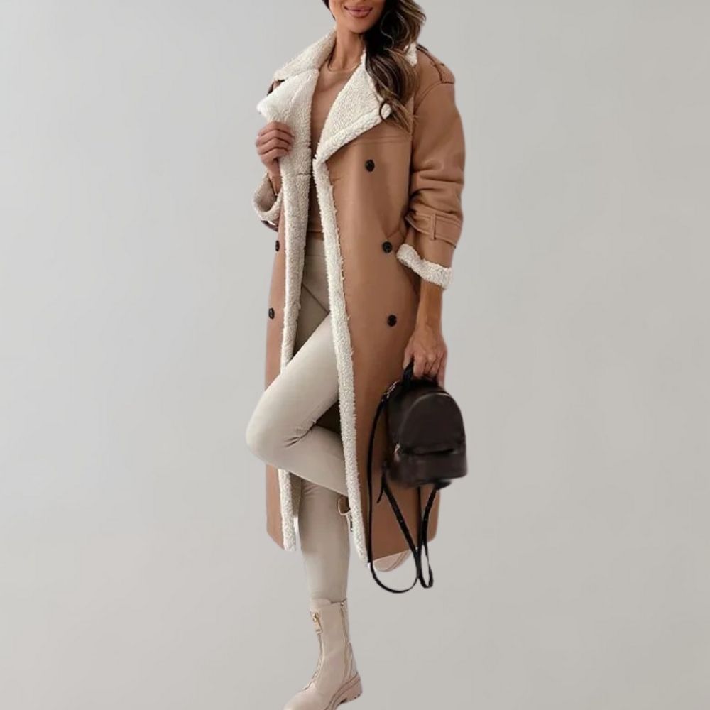 Women's Shearling-Lined Long Coat – Double-Breasted, Belted Cuffs cuff detail