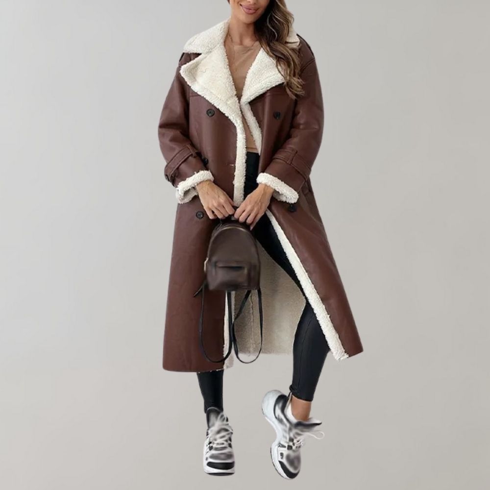 Women's Shearling-Lined Long Coat – Double-Breasted, Belted Cuffs full-length view