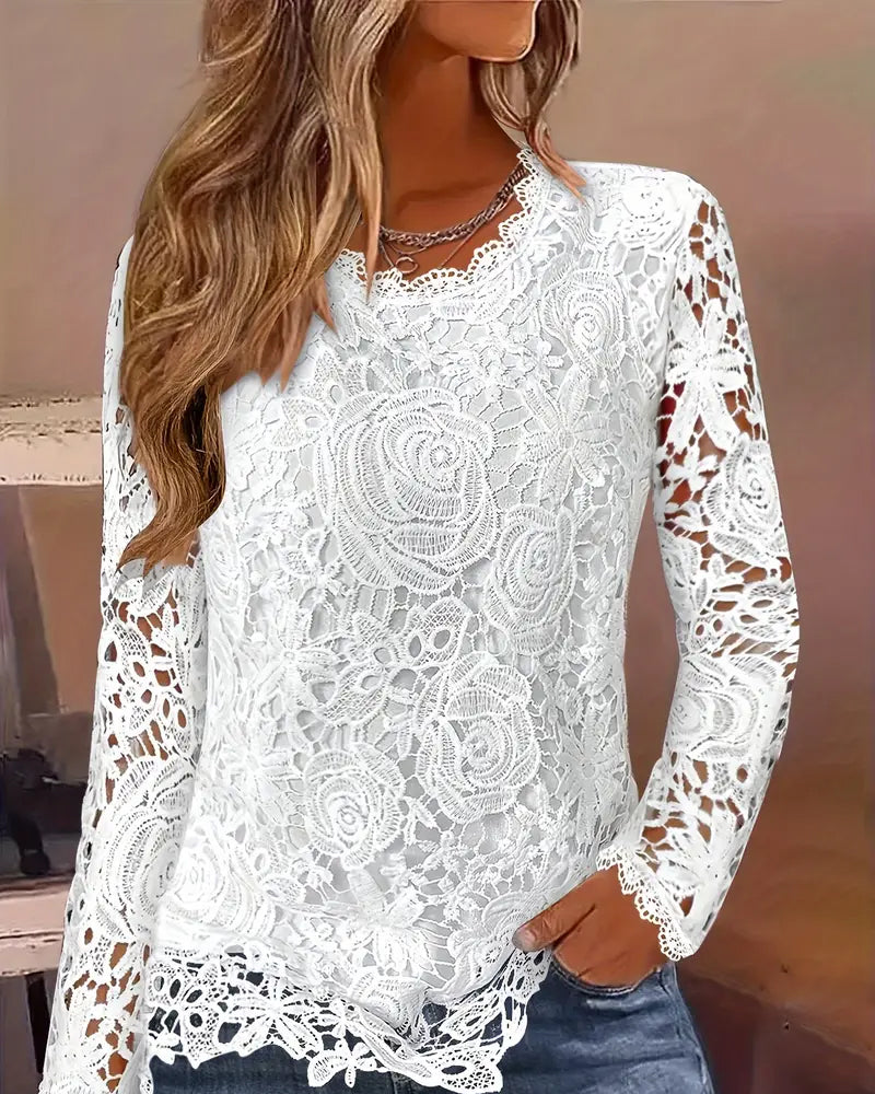 Women's Sheer Floral Lace Blouse – V-Neck, Long Sleeve, Scalloped Hem