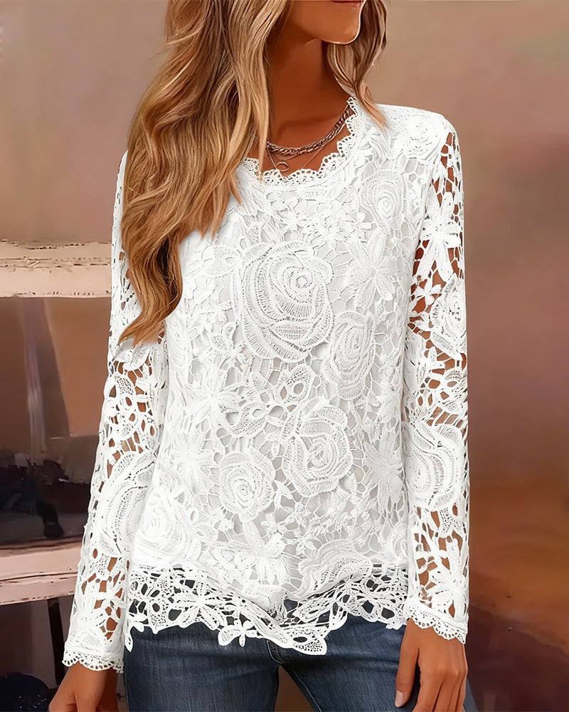 Women's Sheer Floral Lace Blouse – V-Neck, Long Sleeve, Scalloped Hem