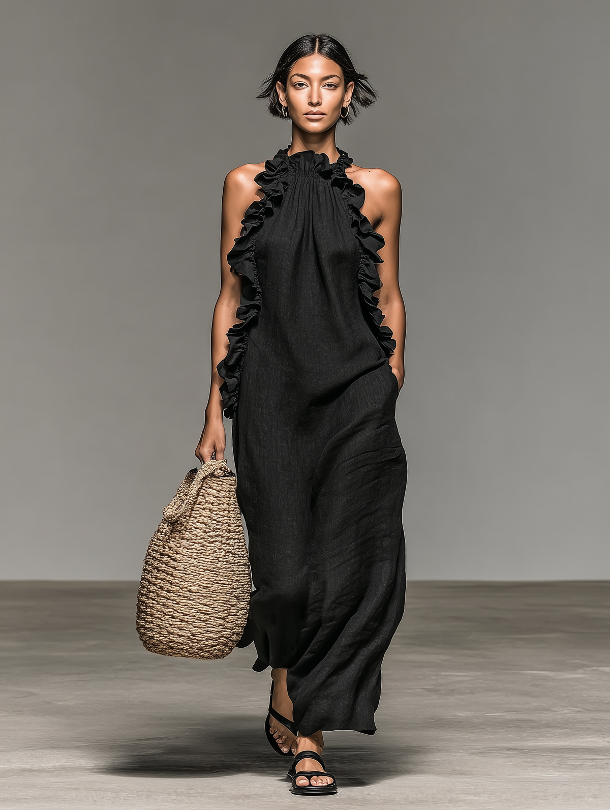 Women's Sleeveless Maxi Dress – Ruffle Accents, Flowing Cut front view