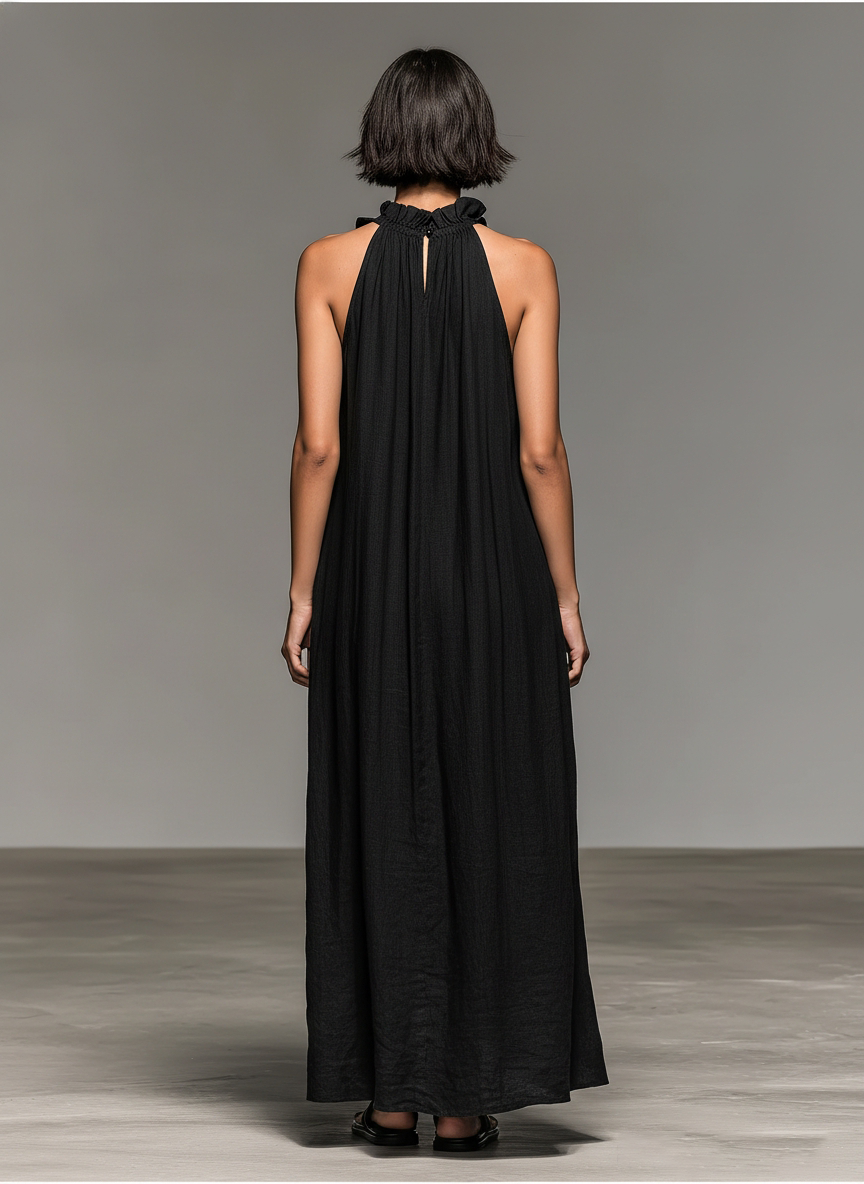 Women's Sleeveless Maxi Dress – Ruffle Accents, Flowing Cut side view