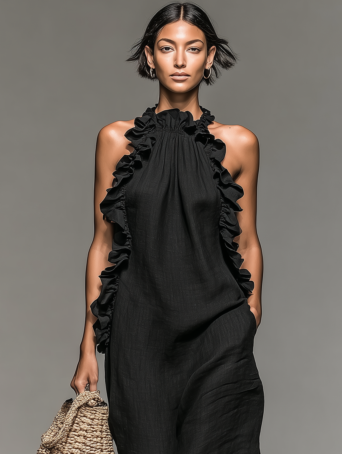 Women's Sleeveless Maxi Dress – Ruffle Accents, Flowing Cut back view